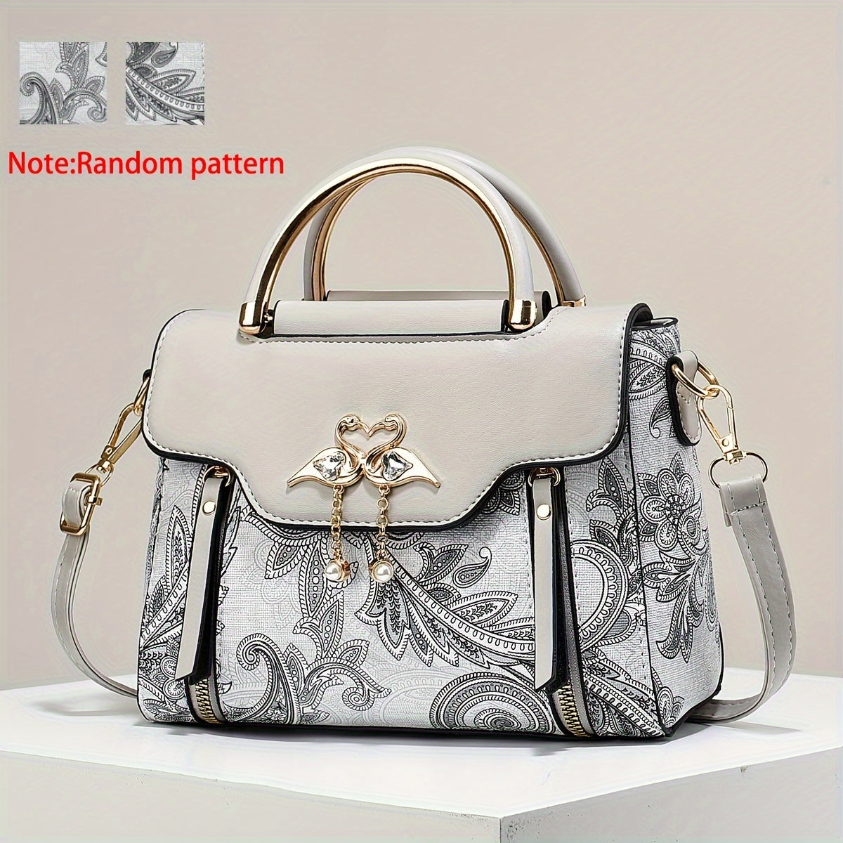 Elegant Floral Print Women'S Crossbody Bag with Magnetic Closure, Adjustable Strap, and Metal Swan Heart Charm, Synthetic Faux Leather Shoulder Purse with Polyester Lining and Painted Edges, Ladies Bag