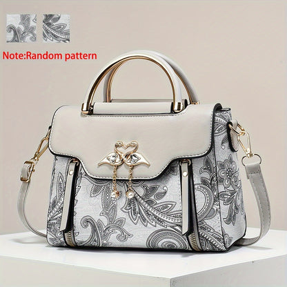 Elegant Floral Print Women'S Crossbody Bag with Magnetic Closure, Adjustable Strap, and Metal Swan Heart Charm, Synthetic Faux Leather Shoulder Purse with Polyester Lining and Painted Edges, Ladies Bag