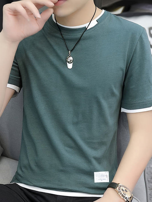 Men'S Casual Black T-Shirt with Color Block Design - Breathable Summer Short Sleeve, Loose Fit, Round Neck, Perfect for Casual Attire, Comfortable Clothing | Color Block Tee | Medium Elasticity
