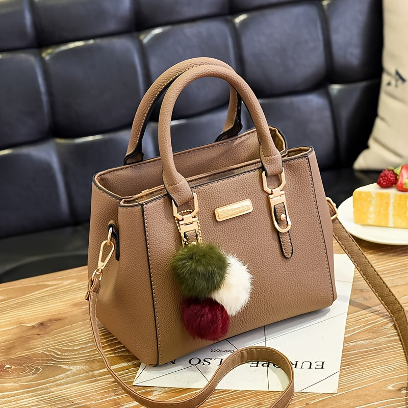 Stylish Lychee Pattern Handbag with Adjustable Strap and Pom Pom Ball Charms - Versatile Shoulder Handbag for Women in Black, Army Green, Khaki, Light Grey, Dark Grey, Red, Crossbody Purse, Charming Pom Pom Accents, Metallic