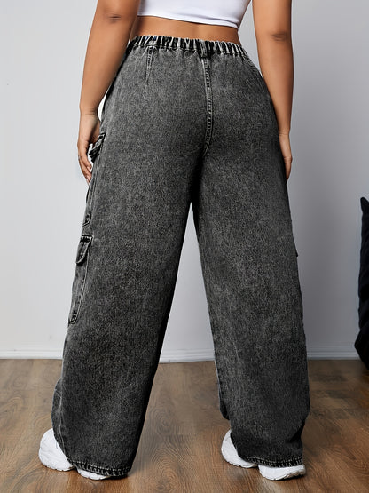 Women's Plus Size Casual Cargo Jeans with Multiple Pockets - High-Rise, Loose Fit Denim in Black, Light Blue & White, Perfect for Casual Attire, Casual Denim Wear | Utility Style Pants | Smooth Texture Jeans
