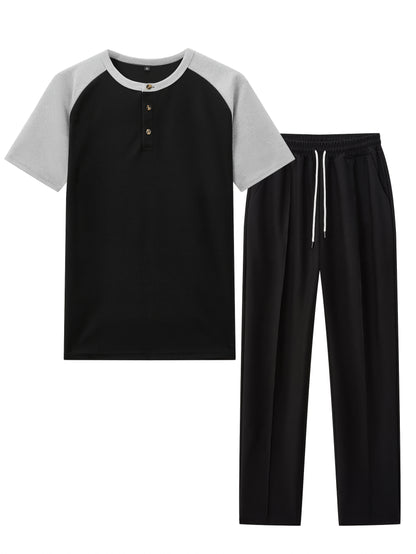 Men's Casual Mixed Color Spliced Set: Shirt and Drawstring Pants, Clean and Comfortable
