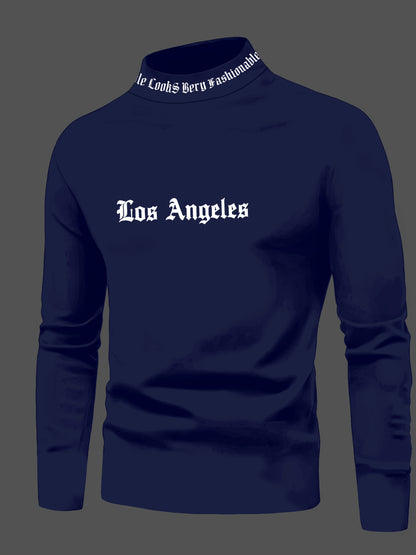 Men'S Long Sleeve Crewneck T-Shirt - Los Angeles Print, Soft Fabric, Casual Fit for Fall Sports & Fitness Activities, Weekend Casual Top | Trendy Casual Style | Smooth Texture Fabric