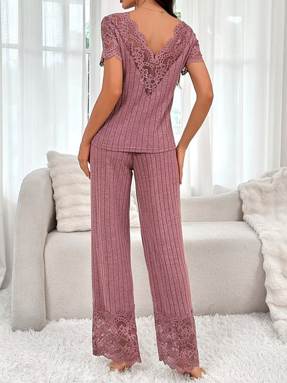 A Two-Piece Set Featuring a Solid Color Short-Sleeve Top with Lace Patchwork And Matching Long Pants.