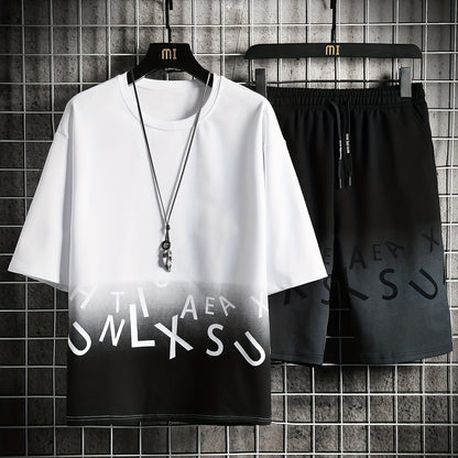 2-piece Men's Stylish Gradient Summer Outfit Set, Men's Short Sleeve Cotton Blend T-shirt & Drawstring Shorts Set