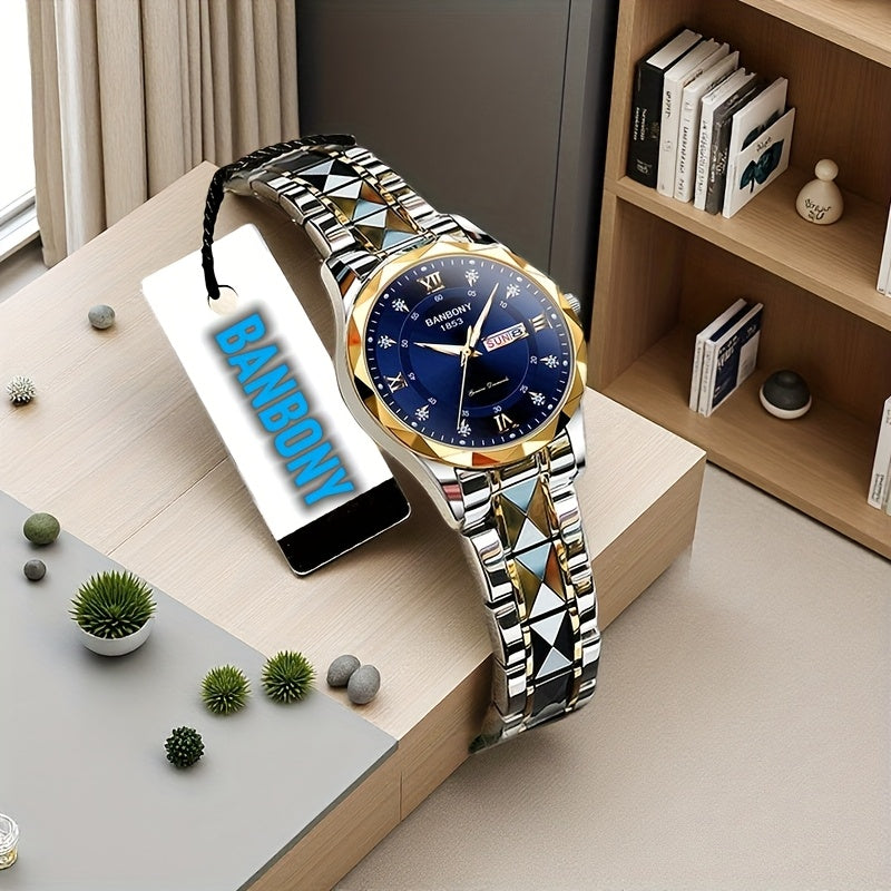 A BANBONY Fashion Brand Women'S Quartz Watch with a Stainless Steel Strap, Adorned with Rhinestones, IPX7 Waterproof, Luminous Display for The Week, Multifunctional Fully Automatic Casual Watch, Perfect Gift for Birthdays, Ho