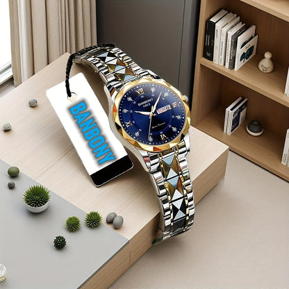 A BANBONY Fashion Brand Women'S Quartz Watch with a Stainless Steel Strap, Adorned with Rhinestones, IPX7 Waterproof, Luminous Display for The Week, Multifunctional Fully Automatic Casual Watch, Perfect Gift for Birthdays, Ho