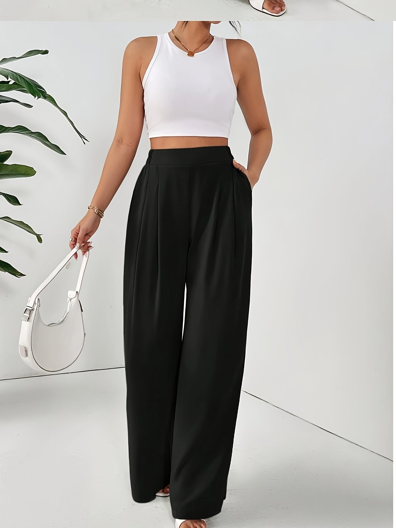 Women'S Elegant Wide Leg Pants - Beige Loose Fit with Elastic Waist, Comfortable Polyester Fabric for Spring/Summer Vacations, Casual Chic Style