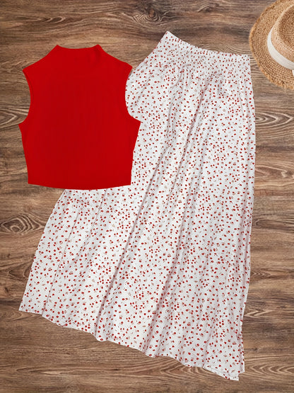 Summer Women's Daily Vacation Set with Small Floral Print Half Skirt and Sleeveless Top
