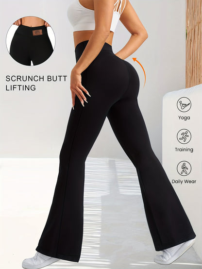 High-Waisted Flared Leggings for Women - Stretchy Black Polyester Pants with Tummy Control, Slimming Fit, and Breathable Design for Spring/Summer/Fall Casual Wear, Spring Summer Leggings | Fitted Leggings | Elastic Waistband