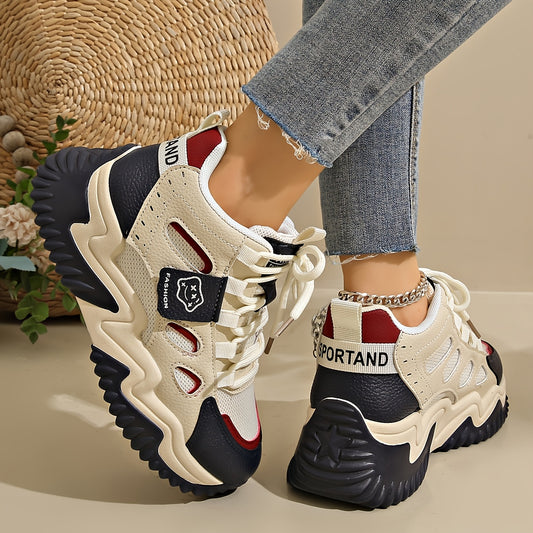 1 Pair Women'S Mid-Top Casual Sneakers, Fashion Mesh Design, Lace-Up Closure, Fabric Upper & Lining, Faux Sole, Textile Insole - Spring Season Footwear
