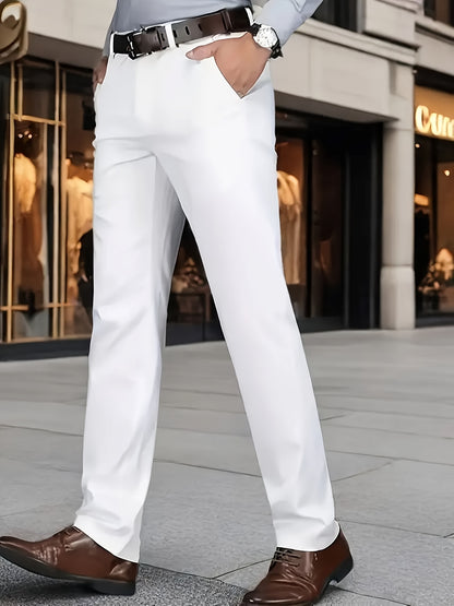 Men's Classic Business Dress Pants, Solid Color Casual Trousers, 100% Polyester, Regular Fit, with Zipper Fly, for Daily Wear and Gifting, All-Season, Allseason Trousers | Notch Lapel Design | Polyester Trousers