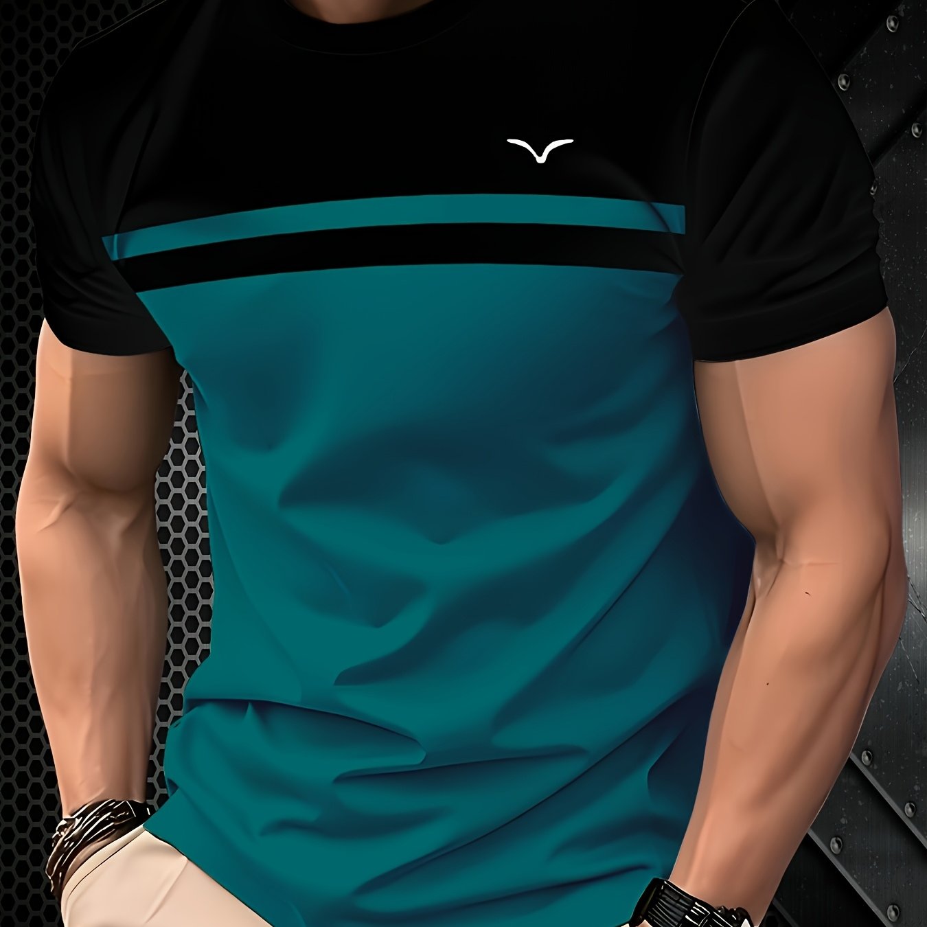 [Casual Chic] Men'S Casual Color Block T-Shirt - Short Sleeve, Round Neck, 3D Print, Lightweight 150g/㎡ Polyester, Stylish Teal & Black Stripe Design for Casual Attire, Versatile Tshirt | Modern Casualwear | 3D Print Shirt,