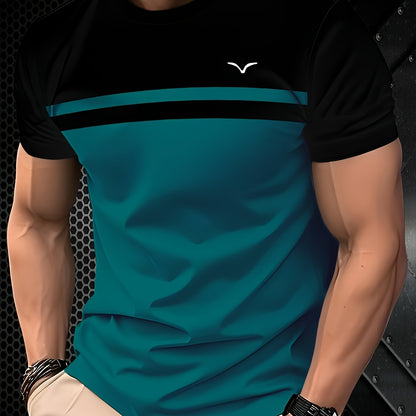 [Casual Chic] Men'S Casual Color Block T-Shirt - Short Sleeve, Round Neck, 3D Print, Lightweight 150g/㎡ Polyester, Stylish Teal & Black Stripe Design for Casual Attire, Versatile Tshirt | Modern Casualwear | 3D Print Shirt,