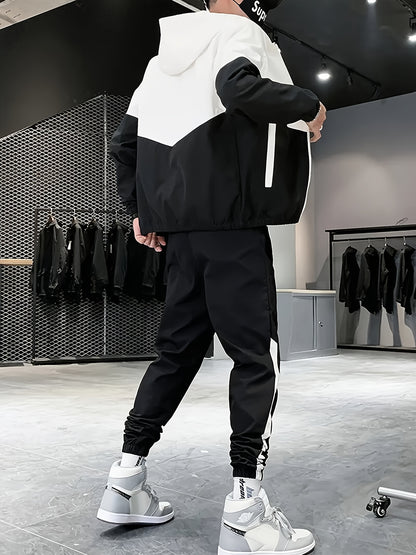 2pcs Men's Hooded Tracksuit - Lightweight Polyester Active Wear Set For Spring/Autumn With Pockets, Long Sleeve Jacket And Jogger Pants