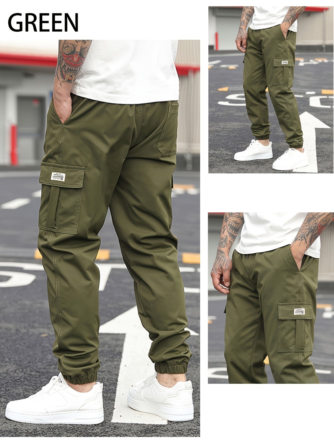 1pc Men'S Casual Polyester Cargo Pants - Mid Waist Elastic Joggers with Multiple Pockets, Non-Stretch Solid Color, Regular Fit for Weekend Wear - Spring/Fall Fashion Trousers