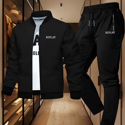 Men'S Casual Two-Piece Set - Black Jacket & Pants with "REPLAY" Print, Zip-Up, Long Sleeve, Polyester, Casual Attire|Casual Style|Zipup Jacket