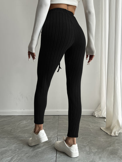 High-Waisted Drawstring Skinny Knitted Pants For Everyday Wear - Solid Color Women's Casual Clothing