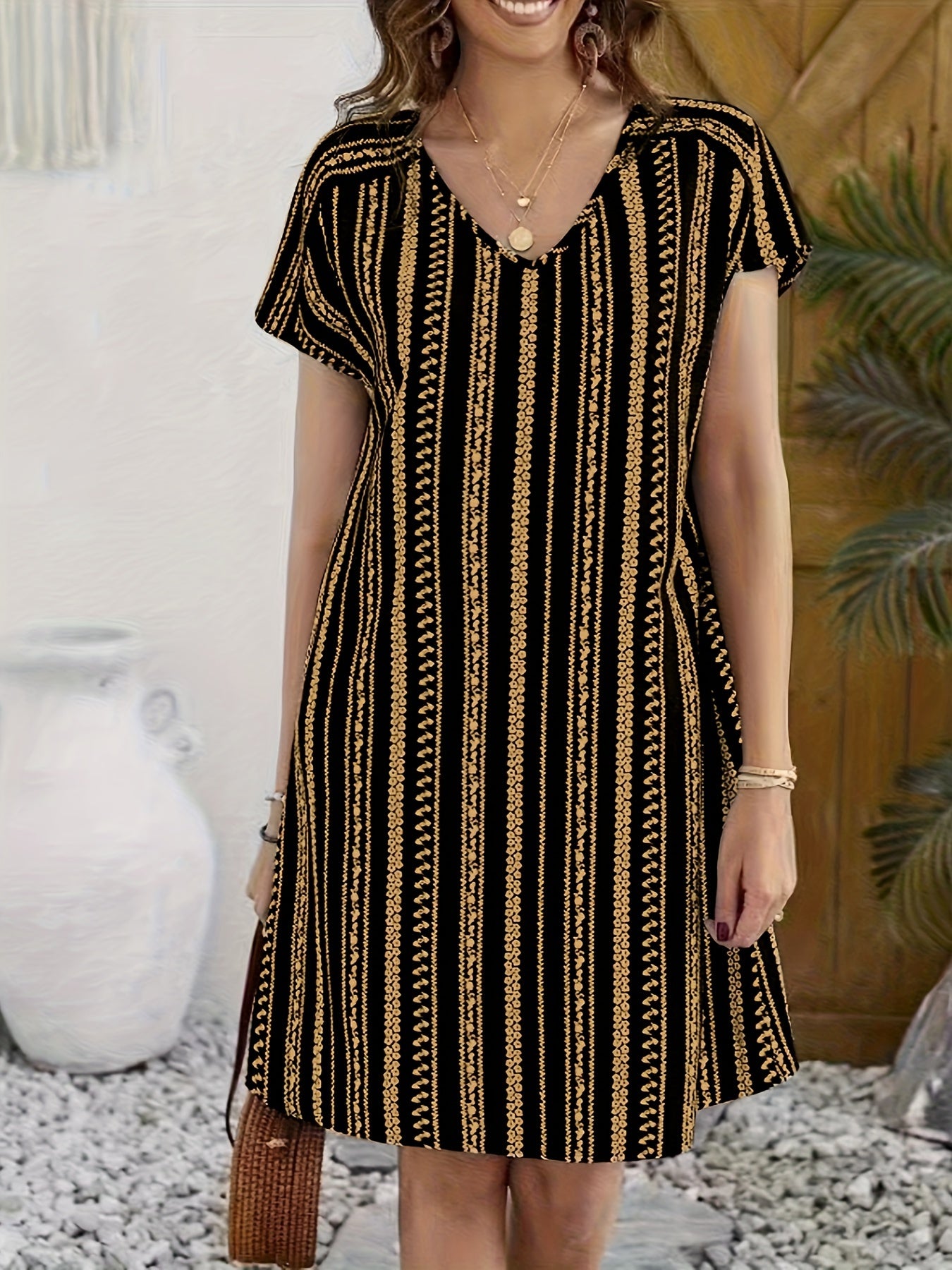 Ethnic Print V-neck Dress, Vacation Style Short Sleeve Slim Fit Dress For Spring & Summer, Women's Clothing