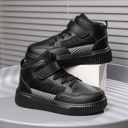 Youngsters' Black Mesh & PU High-Top Sneakers with Diamond Pattern - Breathable, Durable, Lightweight EVA Sole & Adjustable Hook-and-Loop Closure for School, Outdoor, Training - All-Season Versatile Play Shoes for Boys & Girl