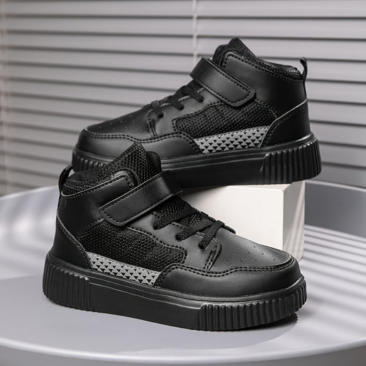 Youngsters' Black Mesh & PU High-Top Sneakers with Diamond Pattern - Breathable, Durable, Lightweight EVA Sole & Adjustable Hook-and-Loop Closure for School, Outdoor, Training - All-Season Versatile Play Shoes for Boys & Girl