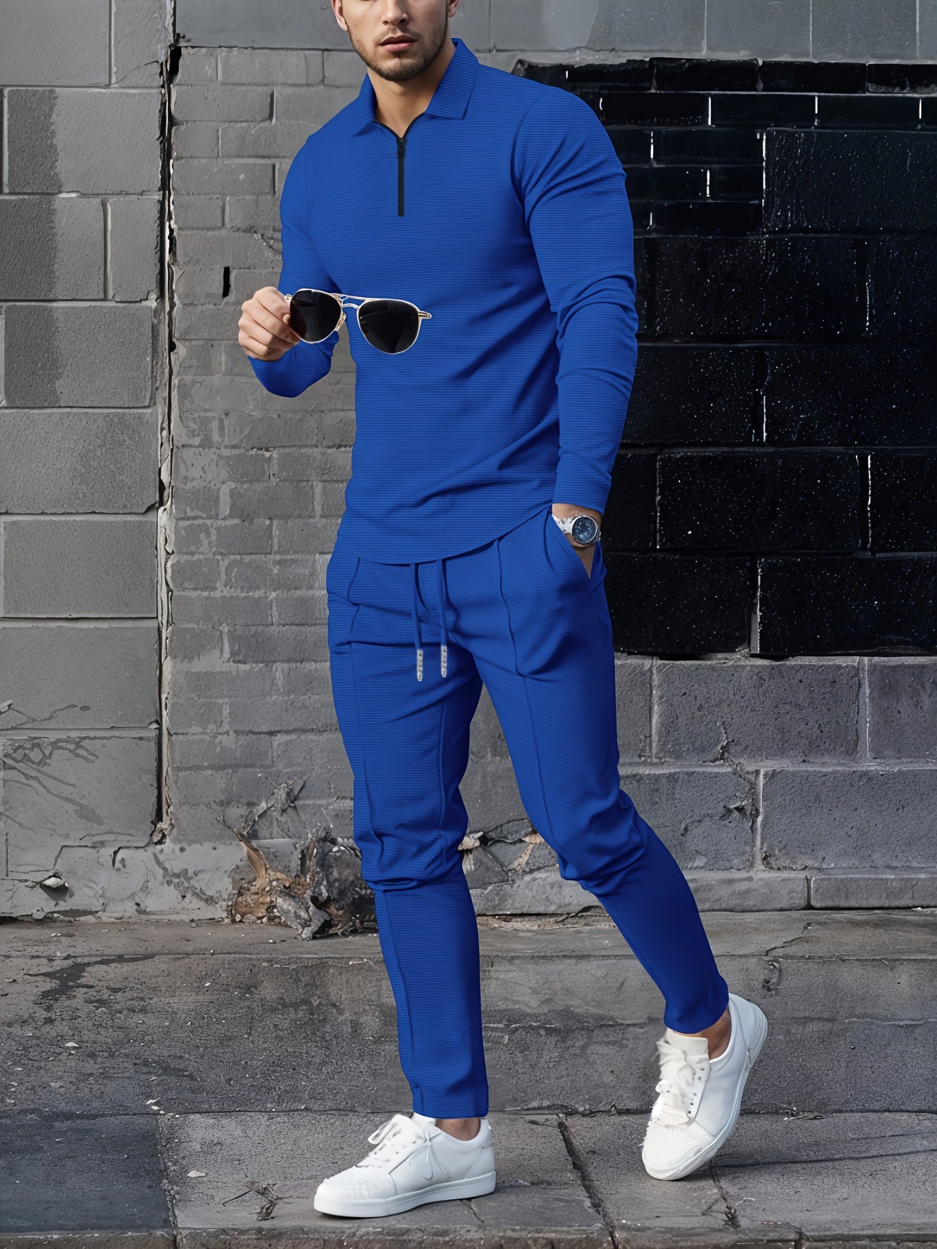 2025 collar half zipper long sleeved two-piece set, collar zipper allows for free breathing, casual pants to wear, knitted fabric is softer, multi color and multi style, Men's solid color is simple and not simple.
