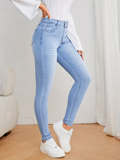 Women's Casual Plain Light Blue Skinny Jeans, Stretchy Denim Pants, Classic Design, High Waist Slim Fit For Everyday Fashion - Perfect For Fall & Winter