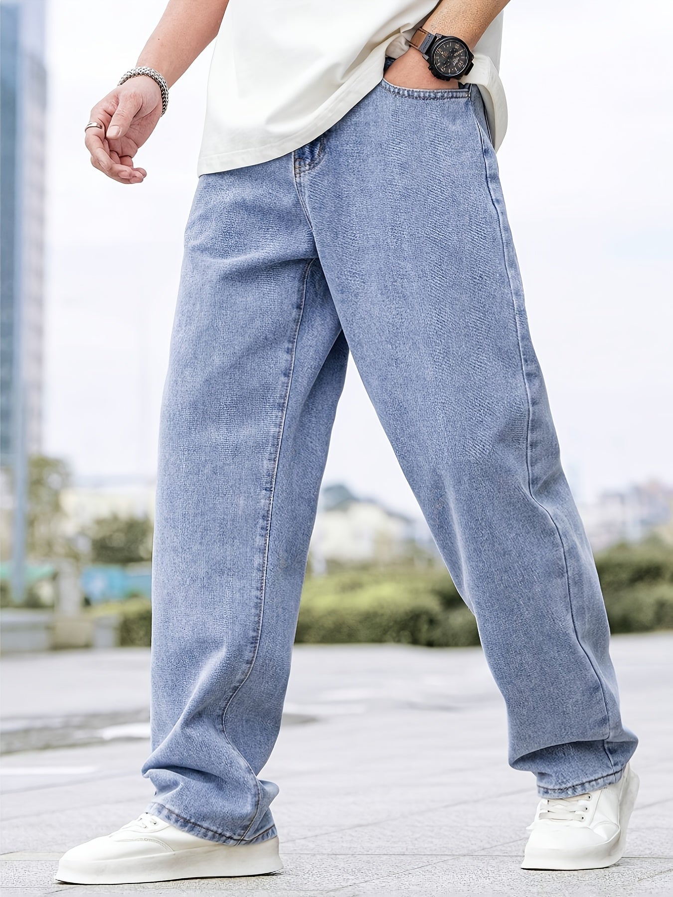 Men'S Classic Casual Denim Jeans, 80% Cotton 20% Polyester, All-Season Regular Fit, Non-Stretch Solid Color, 380g/m² Woven Fabric, Washed Detail, Adult Regular Length Pants