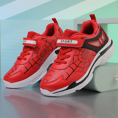 Kids Fashion Sneakers Breathable Lightweight Sport Casual Shoes with Cartoon Spider Web Design, Closure, Low Top PU and Fabric for Boys and Girls – Versatile All-Season Footwear for Outdoor Activities