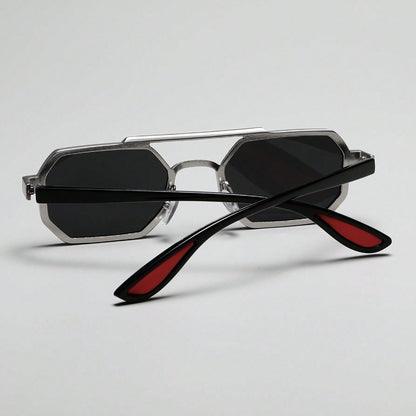 Unisex Geometric Metal Frame Fashion Glasses - Double Beam Design Decorative Eyewear for Everyday Casual Wear, Lightweight & Durable, Black Lenses, Stylish Accessory
