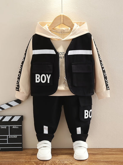 3pcs Boy's Letter Print Hoodie Outfits, Casual Hoodies Long Sleeve Pullover Hooded Sweatshirt & Pants & Vest Set, Ideal For Daily & Outdoor Wear
