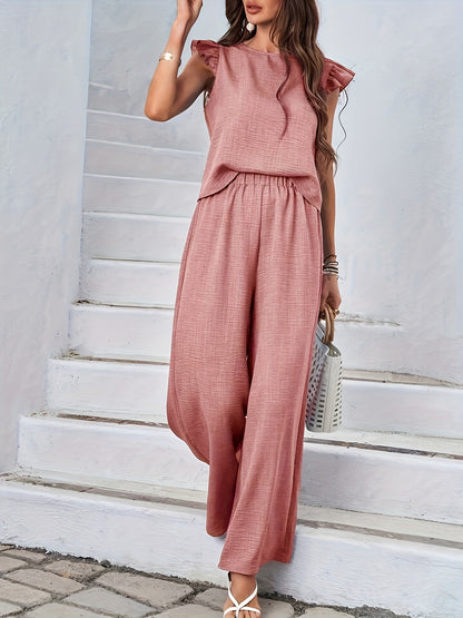 Solid Color Button Elegant Set, Flutter Sleeve Crew Neck Top & Wide Leg Loose Fit Pants, Women's Clothing
