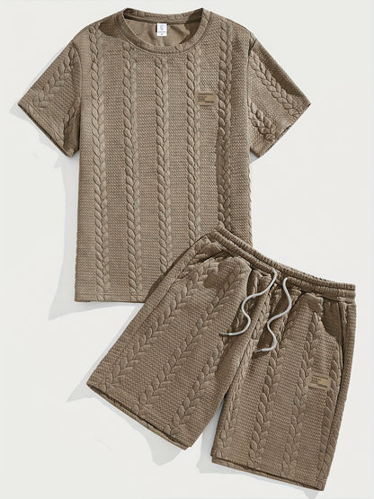 Casual Crew Neck Short Sleeve T-Shirt & Drawstring Shorts - Brown, Summer Outfit