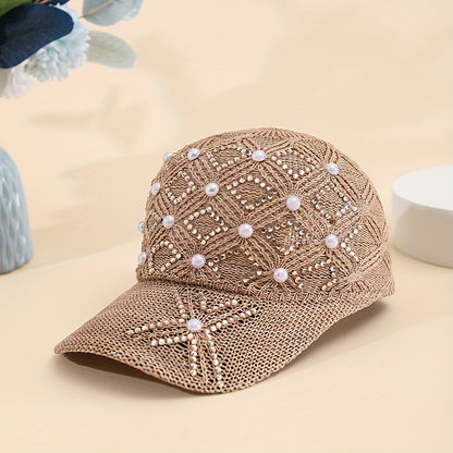 Women'S Adjustable Four-Leaf Clover Faux Pearl Baseball Cap - Breathable Mesh Summer Hat with Snap Closure, Stylish Black Design for Spring/Summer, Summer Headwear | Fashionable Headwear | Mesh Fabric Ca