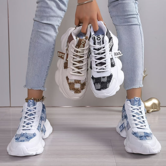 Women'S High-Top Fashion Sneakers with Plaid Pattern, Lightweight EVA Sole, Lace-Up Closure, Fabric Insole, and Tassel Embellishment - All-Season Sports Shoes with Random Printing Design, Ladies Sneakers