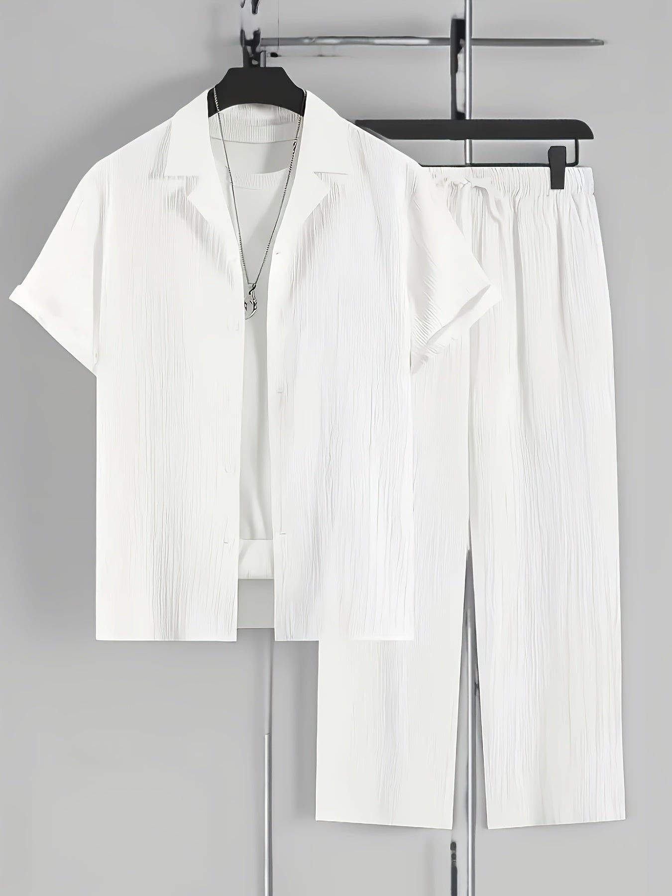 2pcs Men'S Casual Summer Set - Short Sleeve Button-Up Cuban Collar Shirt and Drawstring Waist Pants, Polyester Blend, Solid Color, Regular Fit, Breathable Fabric, Lightweight for Daily Wear