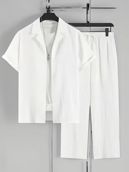 2pcs Men'S Casual Summer Set - Short Sleeve Button-Up Cuban Collar Shirt and Drawstring Waist Pants, Polyester Blend, Solid Color, Regular Fit, Breathable Fabric, Lightweight for Daily Wear