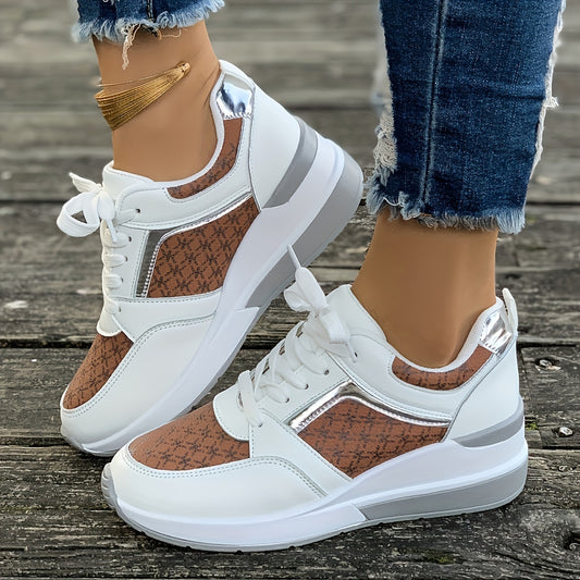 Women'S Plus Size Casual Sneakers - White Synthetic Cover Low-Top Lace-Up Shoes with Golden-Tone Accents, EVA Sole & Breathable Fabric Lining for Summer Comfort, Ladies Sneakers, Comfortable Footwear, Durable Footwear
