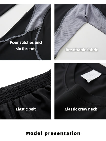 Men'S 3pcs Athletic Set, Breathable Mesh Long Sleeve Top, Skinny Fit Polyester & Spandex, Crew Neck, Solid Color, High Stretch, for Running, Basketball, Hiking, Training - Fall/Winter Sports Outfit