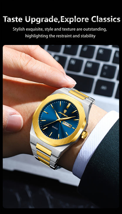POEDAGAR Men'S Luxury Quartz Watch - Waterproof, Luminous Calendar, Stainless Steel Band, Business Style, Blue & Golden Accents, 3ATM, Non-Rechargeable Button Battery, Perfect for Spring Festival & Valentine'S Day Gifts