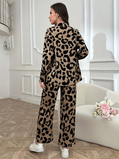 Elegant Women's Leopard Print Pants Set - Polyester Woven Suit with Notched Collar, All-Season Fashion Statement