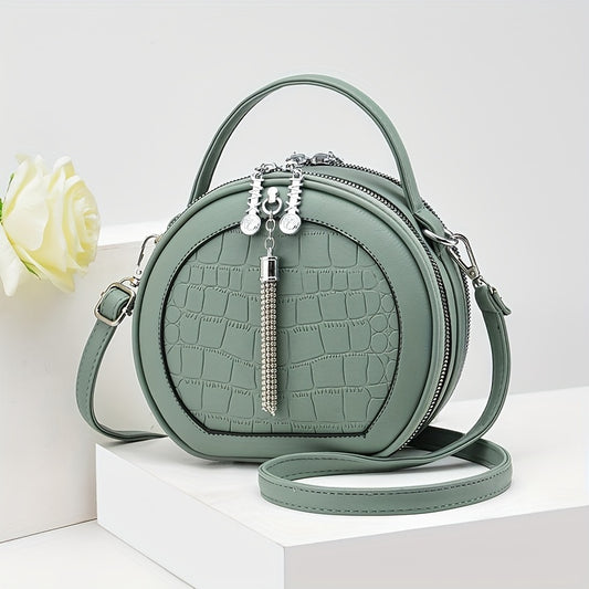 Round Crocodile Pattern Handbag, Fashion Mini Crossbody Bag, Women's Zipper Shoulder Purse