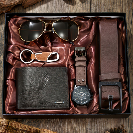 Classic 5pcs Men'S Fashion Casual Luxury Business Watch Set + Cool Fashion Glasses + Simple Wallet Belt Keychain, Perfect Party Holiday Gift