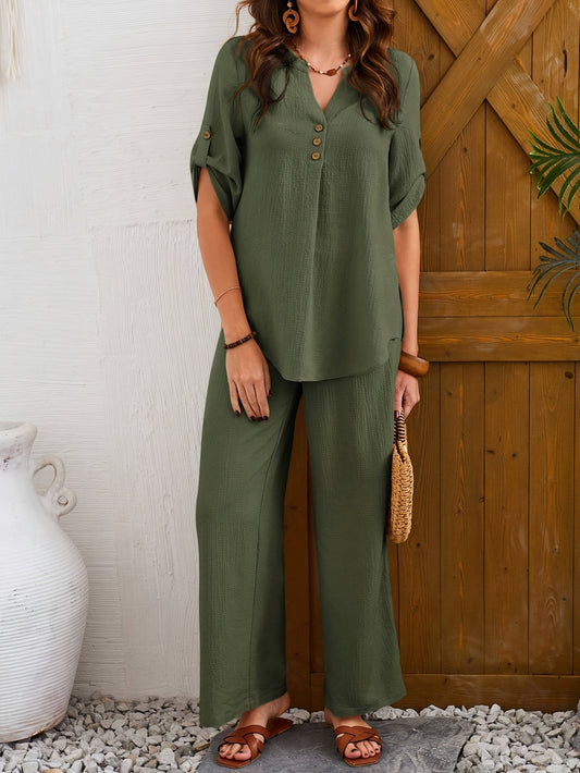 2pcs Women'S Olive Green Casual Short Sleeve Top & Wide-Leg Pants Set - Elegant Button-Up Blouse with Pockets, High-Waisted Jumpsuit for Spring/Summer/Fall, Versatile Outfit | Buttonup Blouse | Texture