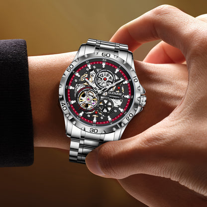 GLENAW Men's Automatic Skeleton Watch - Self-Winding Mechanical Watch with Flywheel Rotation, Transparent dial, Date Display, Stainless Steel Band - No Battery Needed, Wristwatch for Everyday & Formal Events - Ideal Gift for