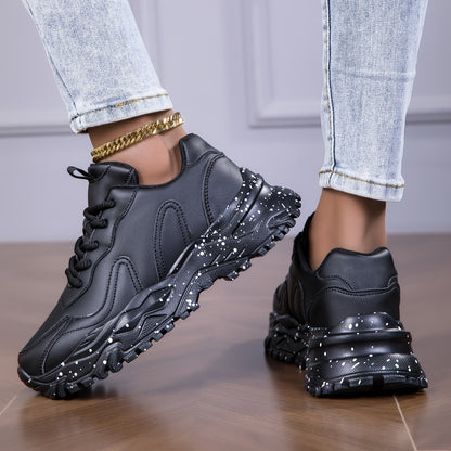 Women's Black Chunky Sneakers - Anti-Slip, Durable Casual Dad Shoes with Glossy Finish & Star Pattern, Lace-Up Low Tops for All Seasons, Allseason Sneakers | Chunky Sole Sneakers | Comfortable Fabric Lining