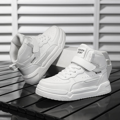Boys & Girls Mid-Top Sneakers with Closure - Lightweight PU & EVA Cushioned Sole, All-Season Comfort for School, Play & Casual Wear - White