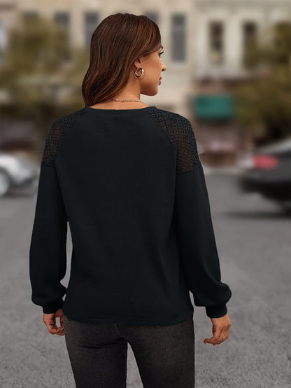 Contrast Lace Crew Neck T-Shirt, Casual Long Sleeve Top For Spring & Fall, Women's Clothing