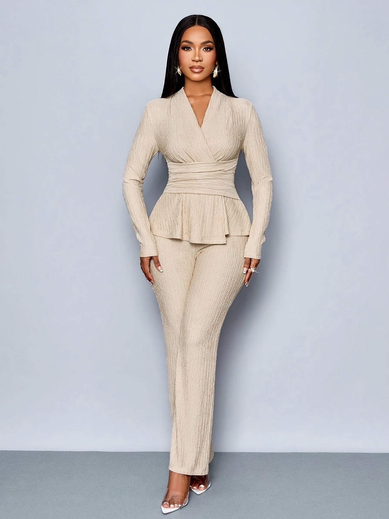 Women'S Elegant Beige Two-Piece Suit with V-Neck and Long Sleeves, Asymmetrical Hem, Wide Leg Pants, and Clutch - Perfect for Office or Casual Wear, Casual Attire|Elegant Two-Piece Set|Asymmetrical Hemline