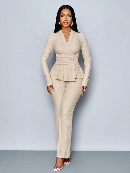 Women'S Elegant Beige Two-Piece Suit with V-Neck and Long Sleeves, Asymmetrical Hem, Wide Leg Pants, and Clutch - Perfect for Office or Casual Wear, Casual Attire|Elegant Two-Piece Set|Asymmetrical Hemline